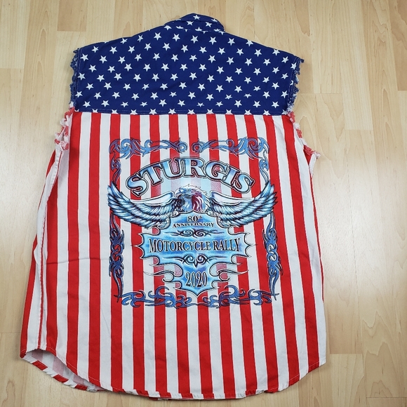 American Biker Image Sleevless Cutoff USA Sturgis Mens XL Motorcycle Rally MAGA - Picture 7 of 12